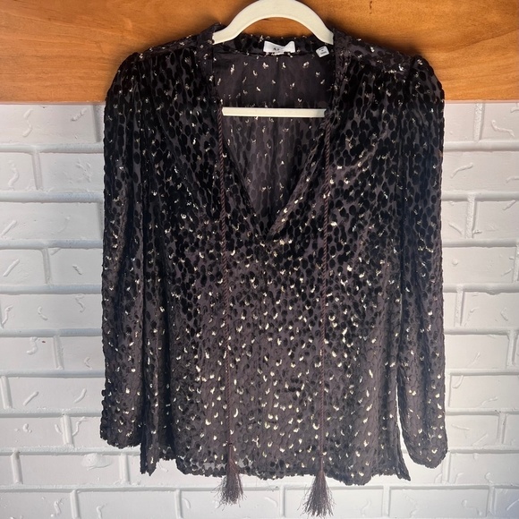 A.L.C. Ophelia Black Velvet Print Sheer Blouse  Top in Carob Metallic,Size 6 NWT - Picture 5 of 16